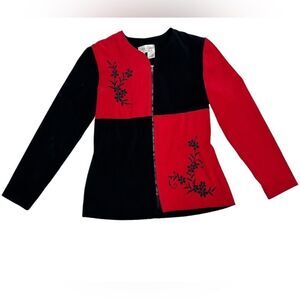 Vintage Betsy Lauren Petites Red and Black Zip Up Cardigan Sweater Light Jacket
